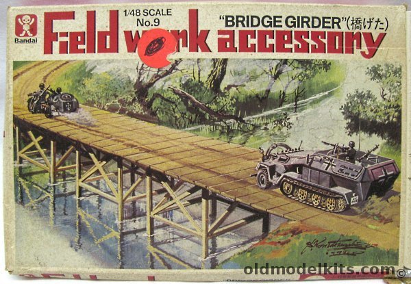 Bandai 1/48 Field Works Accessory - 'Bridge Girder' - Bridge and Supporting Girders with Single Picks / Double Picks / 2 Types of Shovels / Axes / Hand Saw / Small and Large Sledge Hammers, 9 plastic model kit